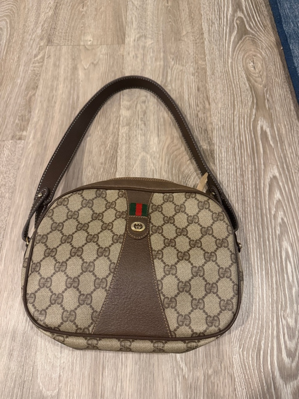 Gucci Beige Brown GG Canvas Shoulder Bag with Green-Red Web